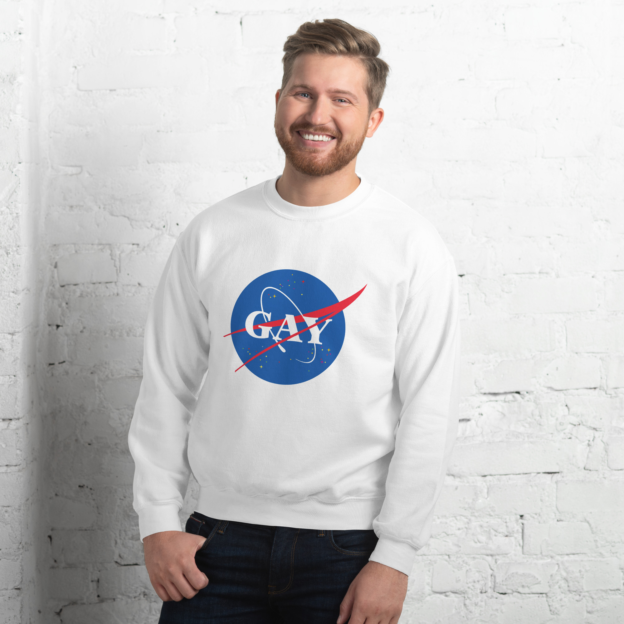 unisex-crew-neck-sweatshirt-white-front-6851ad98c914e.jpg Gay in Universe Unisex Sweatshirt - Image 1