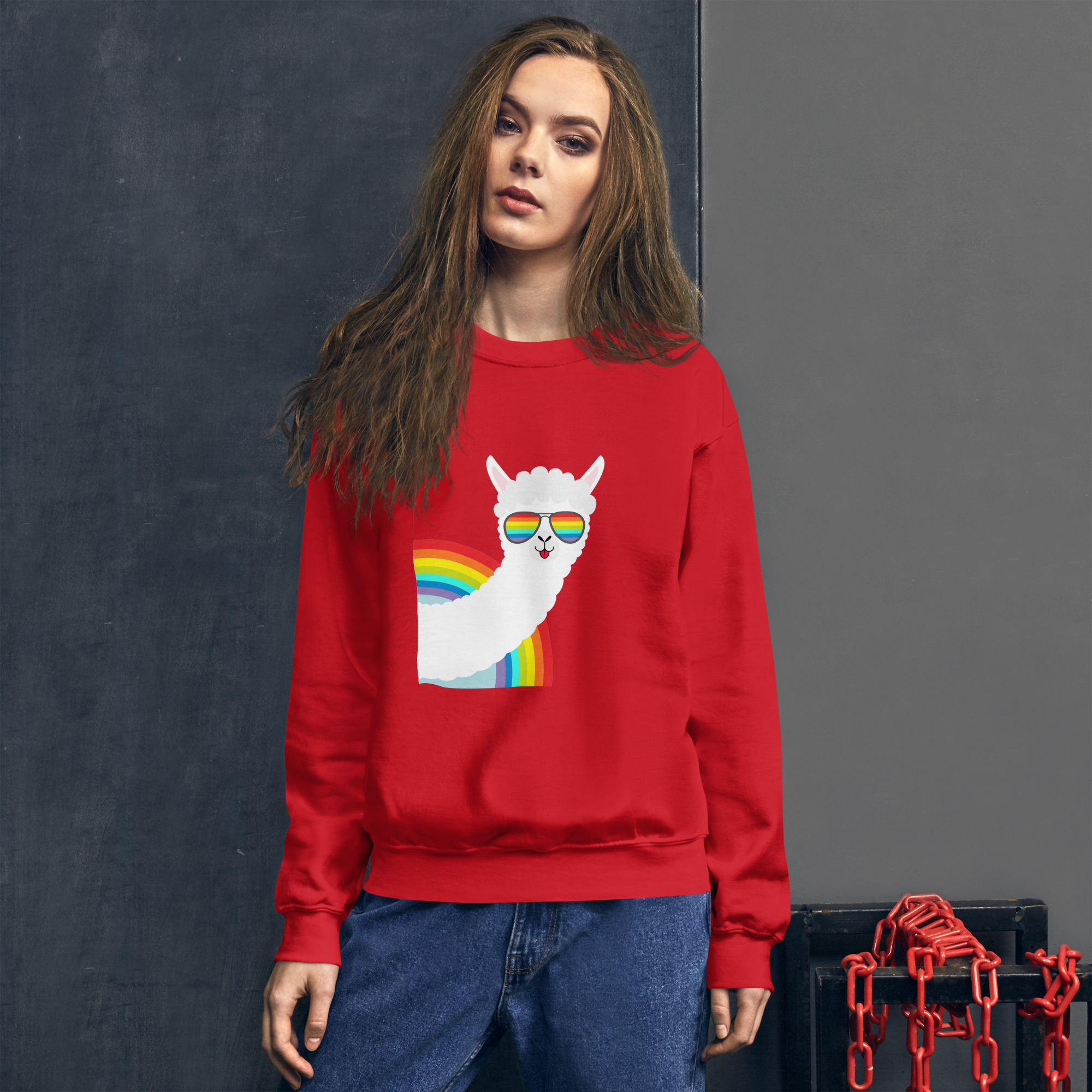 unisex-crew-neck-sweatshirt-red-front-6864148a30391.jpg Kawaii Rainbow Unisex Sweatshirt - Image 1